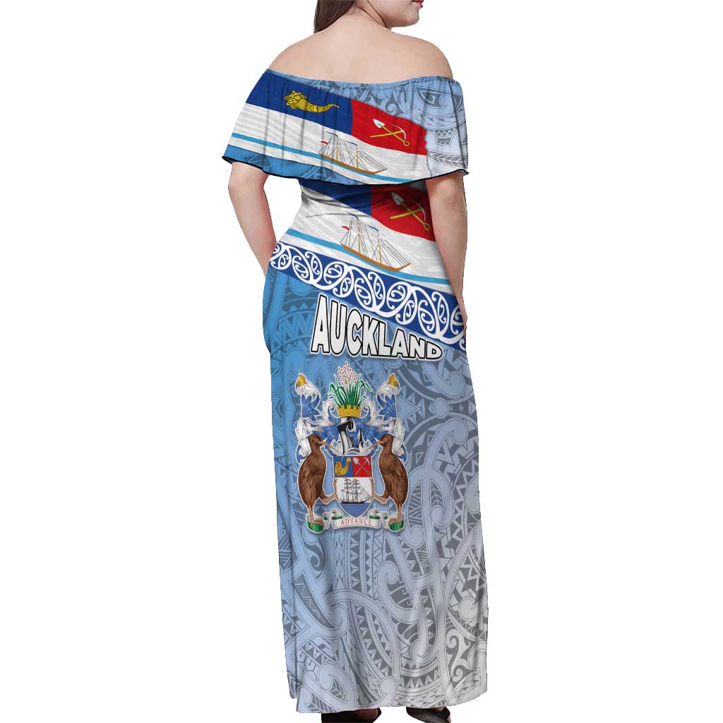 New Zealand Auckland Off Shoulder Maxi Dress Auckland's Flag and Coat of Arms - Koru Art Maori Pattern LT03 - Polynesian Pride