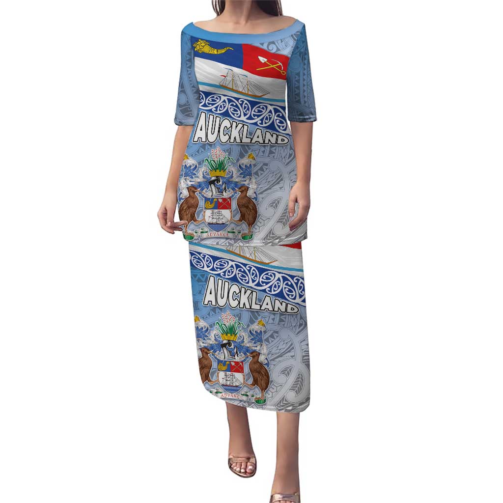 New Zealand Auckland Puletasi Auckland's Flag and Coat of Arms - Koru Art Maori Pattern LT03 Long Dress Light Blue - Polynesian Pride