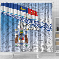 New Zealand Auckland Shower Curtain Auckland's Flag and Coat of Arms - Koru Art Maori Pattern
