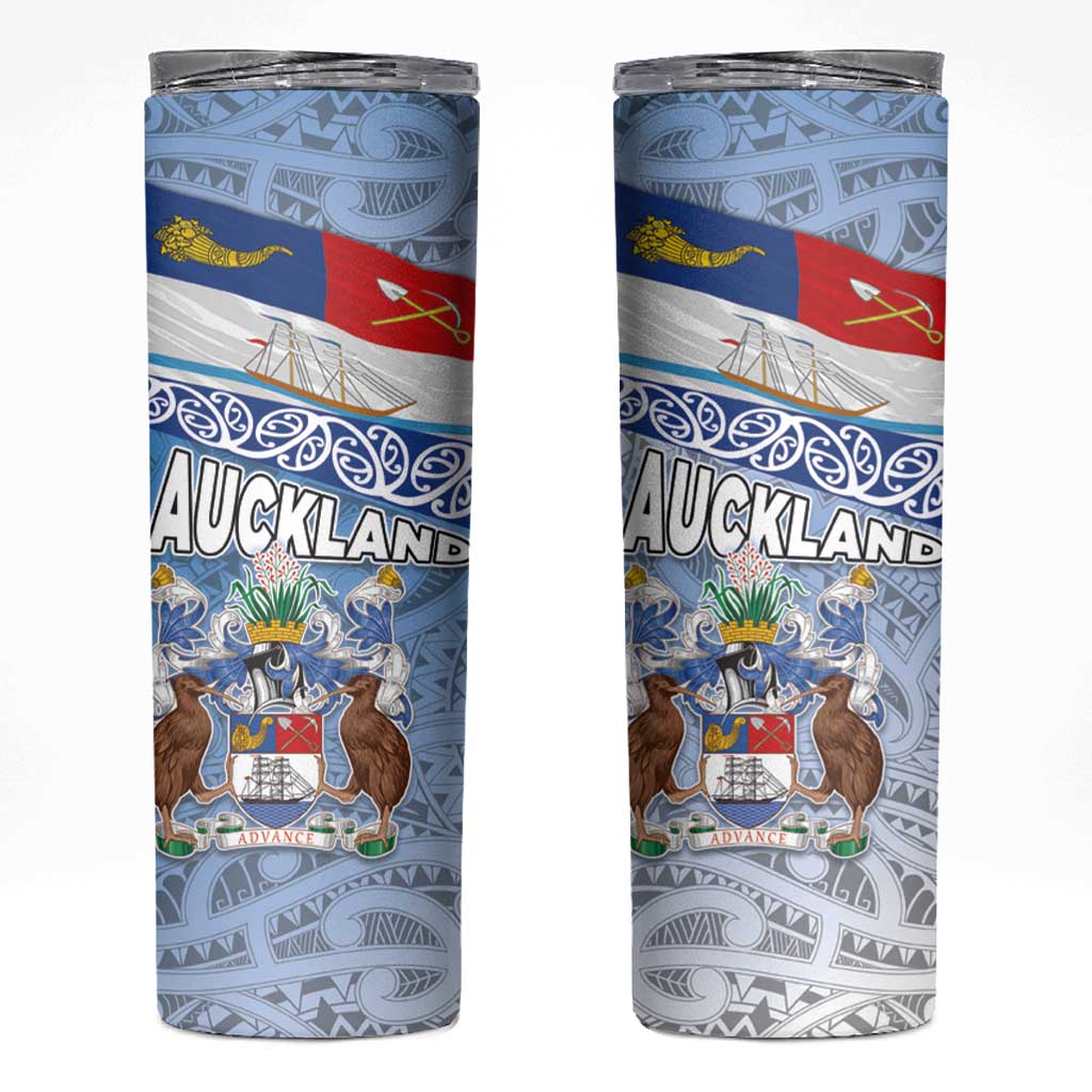 New Zealand Auckland Skinny Tumbler Auckland's Flag and Coat of Arms - Koru Art Maori Pattern LT03 Light Blue - Polynesian Pride