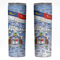 New Zealand Auckland Skinny Tumbler Auckland's Flag and Coat of Arms - Koru Art Maori Pattern LT03 Light Blue - Polynesian Pride