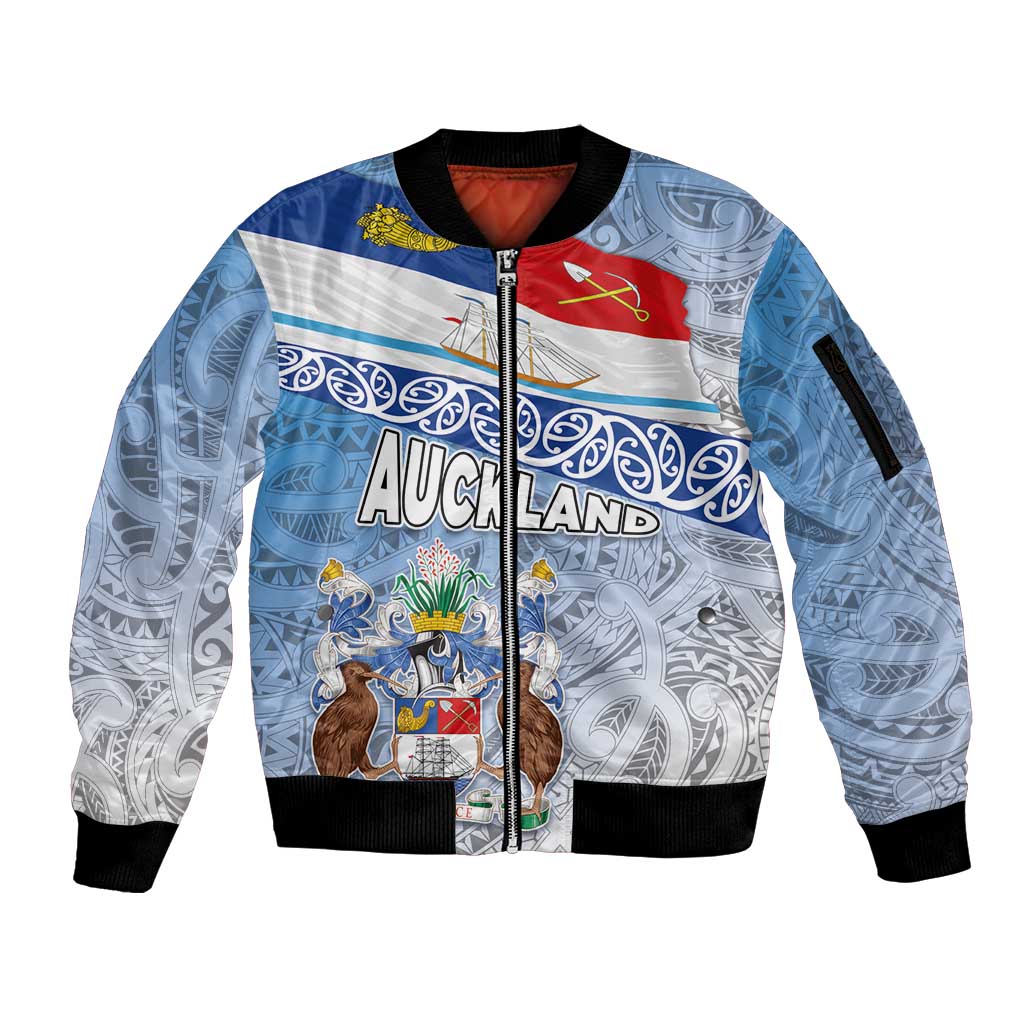 New Zealand Auckland Sleeve Zip Bomber Jacket Auckland's Flag and Coat of Arms - Koru Art Maori Pattern LT03 Unisex Light Blue - Polynesian Pride