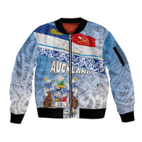 New Zealand Auckland Sleeve Zip Bomber Jacket Auckland's Flag and Coat of Arms - Koru Art Maori Pattern LT03 Unisex Light Blue - Polynesian Pride