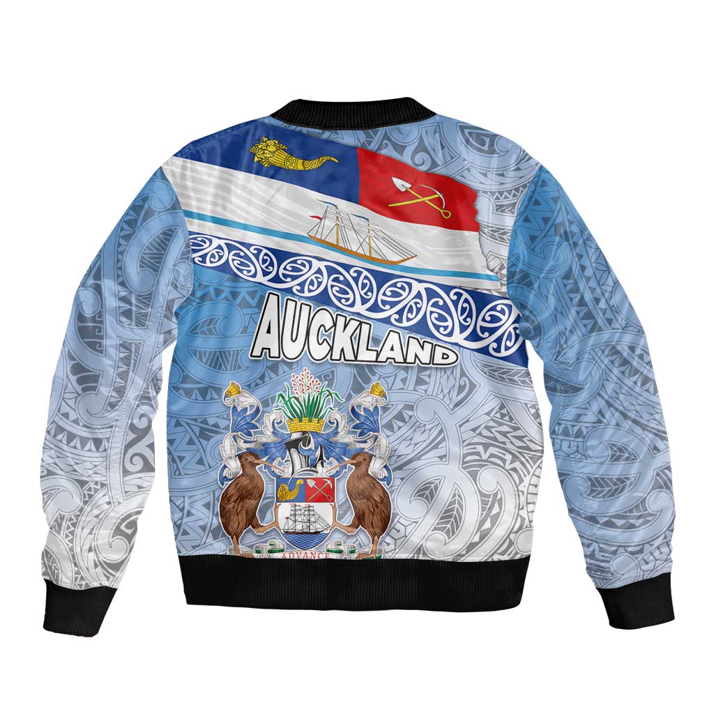 New Zealand Auckland Sleeve Zip Bomber Jacket Auckland's Flag and Coat of Arms - Koru Art Maori Pattern LT03 - Polynesian Pride