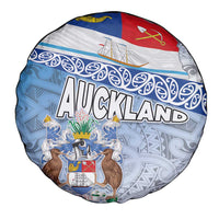 New Zealand Auckland Spare Tire Cover Auckland's Flag and Coat of Arms - Koru Art Maori Pattern