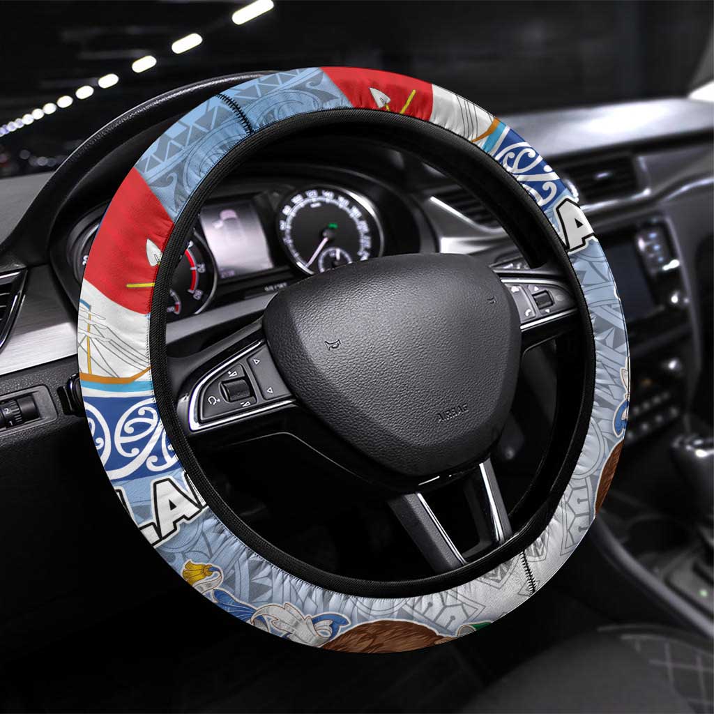 New Zealand Auckland Steering Wheel Cover Auckland's Flag and Coat of Arms - Koru Art Maori Pattern