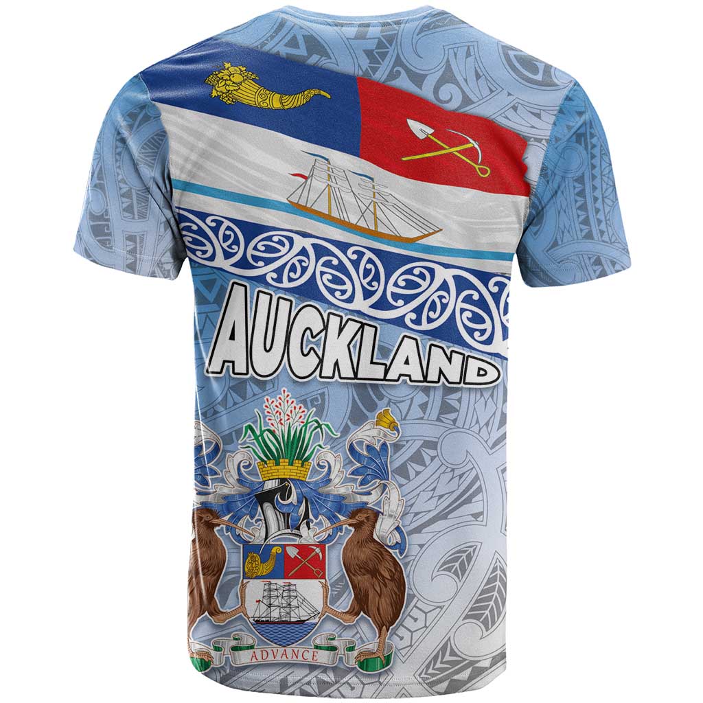 New Zealand Auckland T Shirt Auckland's Flag and Coat of Arms - Koru Art Maori Pattern LT03 - Polynesian Pride