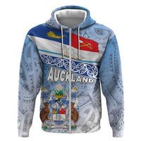 New Zealand Auckland Zip Hoodie Auckland's Flag and Coat of Arms - Koru Art Maori Pattern LT03 Zip Hoodie Light Blue - Polynesian Pride