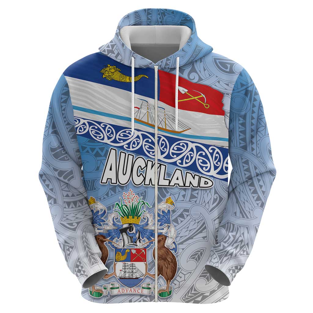 New Zealand Auckland Zip Hoodie Auckland's Flag and Coat of Arms - Koru Art Maori Pattern LT03 - Polynesian Pride