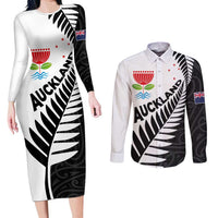 New Zealand Auckland Couples Matching Long Sleeve Bodycon Dress and Long Sleeve Button Shirt Auckland's Emblem and Silver Ferns - Maori Art Tattoo