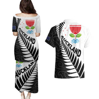 New Zealand Auckland Couples Matching Puletasi and Hawaiian Shirt Auckland's Emblem and Silver Ferns - Maori Art Tattoo