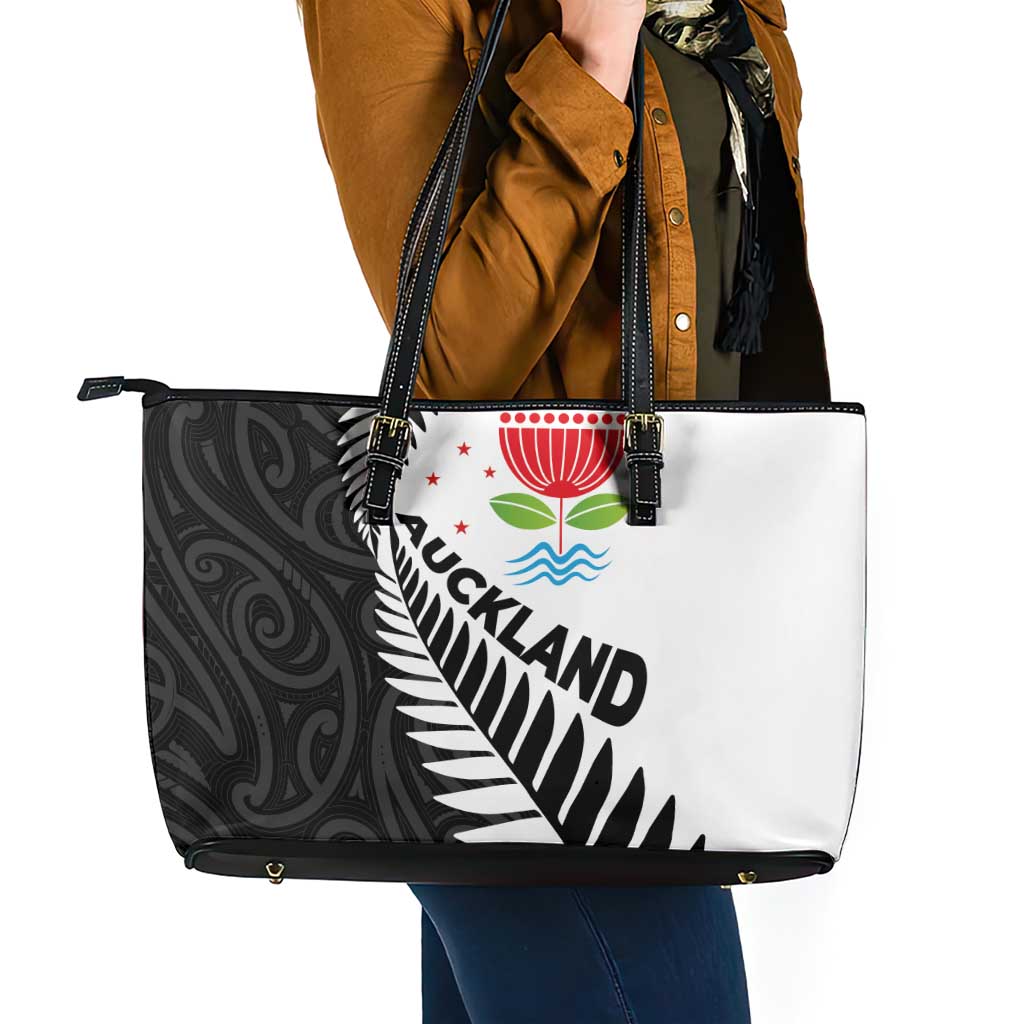 New Zealand Auckland Leather Tote Bag Auckland's Emblem and Silver Ferns - Maori Art Tattoo LT03 - Polynesian Pride