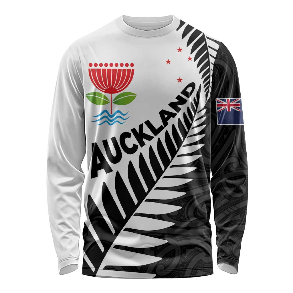 New Zealand Auckland Long Sleeve Shirt Auckland's Emblem and Silver Ferns - Maori Art Tattoo