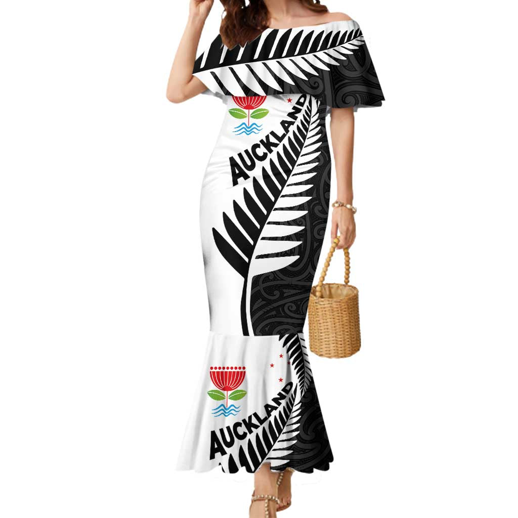New Zealand Auckland Mermaid Dress Auckland's Emblem and Silver Ferns - Maori Art Tattoo LT03 Women Light Blue - Polynesian Pride
