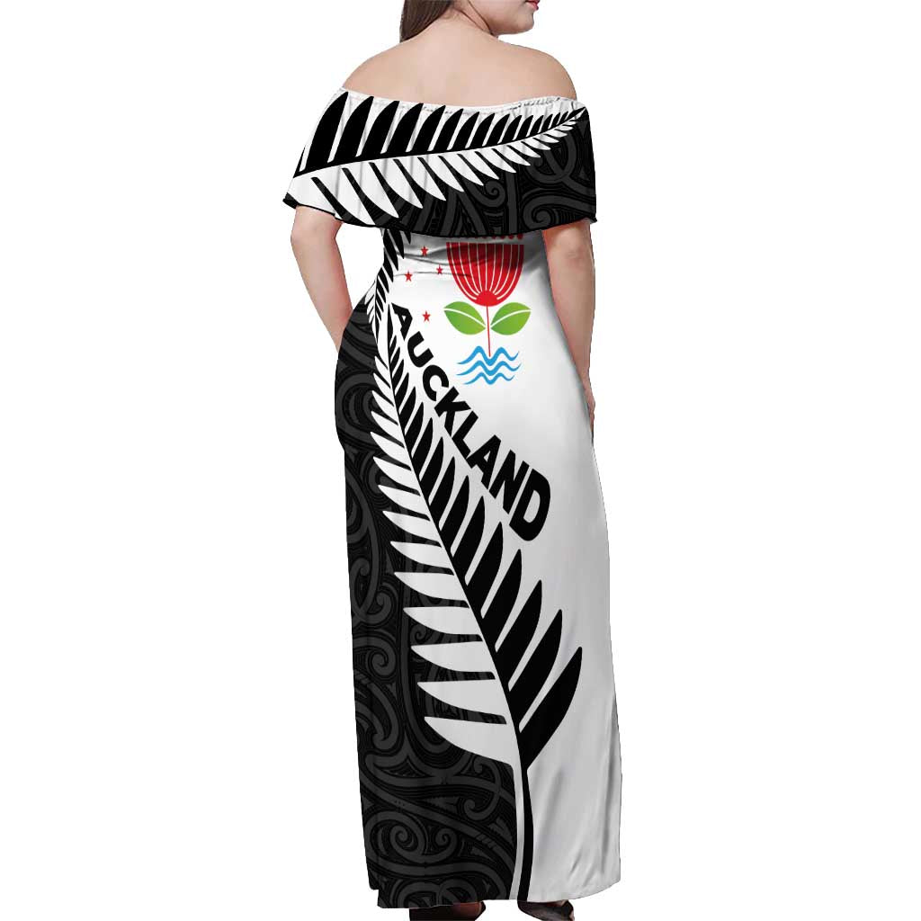 New Zealand Auckland Off Shoulder Maxi Dress Auckland's Emblem and Silver Ferns - Maori Art Tattoo LT03 - Polynesian Pride