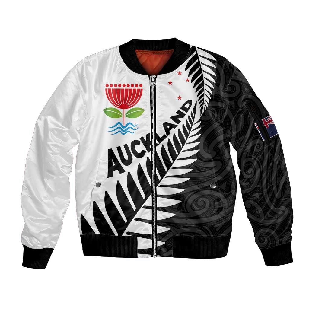 New Zealand Auckland Sleeve Zip Bomber Jacket Auckland's Emblem and Silver Ferns - Maori Art Tattoo