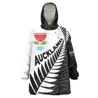 New Zealand Auckland Wearable Blanket Hoodie Auckland's Emblem and Silver Ferns - Maori Art Tattoo