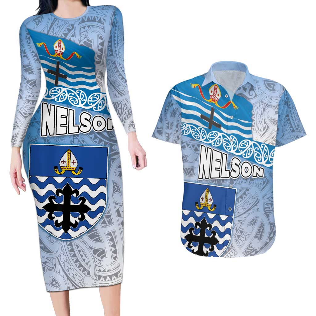 New Zealand Nelson Couples Matching Long Sleeve Bodycon Dress and Hawaiian Shirt Nelson's Flag and Seal - Maori Art Tattoo