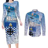 New Zealand Nelson Couples Matching Long Sleeve Bodycon Dress and Long Sleeve Button Shirt Nelson's Flag and Seal - Maori Art Tattoo