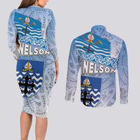 New Zealand Nelson Couples Matching Long Sleeve Bodycon Dress and Long Sleeve Button Shirt Nelson's Flag and Seal - Maori Art Tattoo