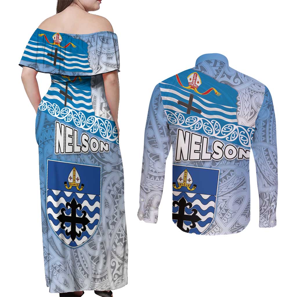 New Zealand Nelson Couples Matching Off Shoulder Maxi Dress and Long Sleeve Button Shirt Nelson's Flag and Seal - Maori Art Tattoo