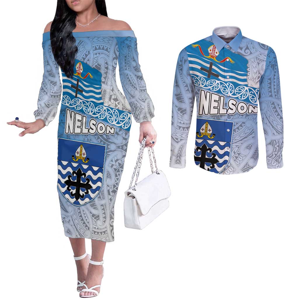 New Zealand Nelson Couples Matching Off The Shoulder Long Sleeve Dress and Long Sleeve Button Shirt Nelson's Flag and Seal - Maori Art Tattoo
