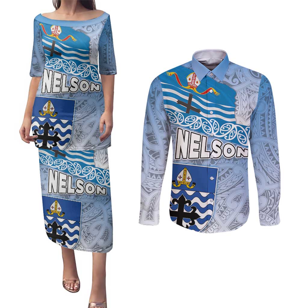 New Zealand Nelson Couples Matching Puletasi and Long Sleeve Button Shirt Nelson's Flag and Seal - Maori Art Tattoo