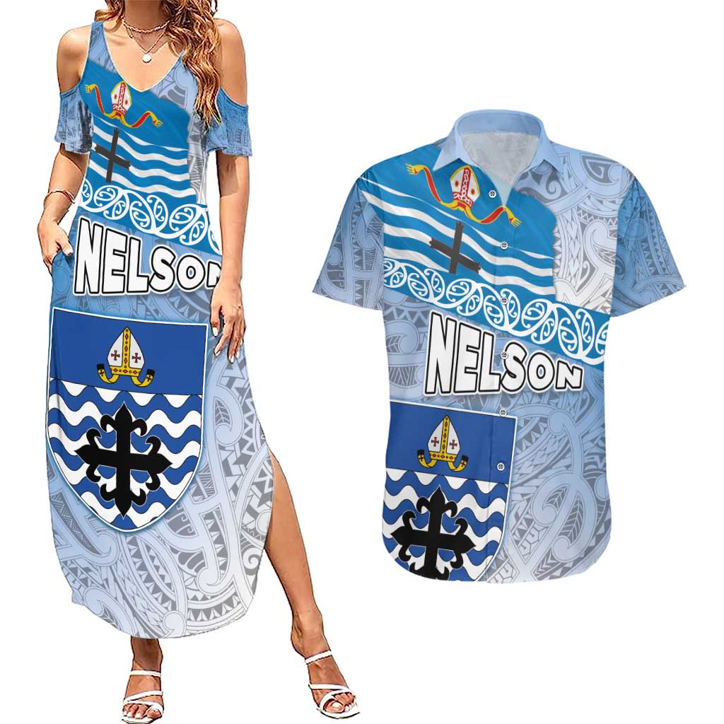 New Zealand Nelson Couples Matching Summer Maxi Dress and Hawaiian Shirt Nelson's Flag and Seal - Maori Art Tattoo