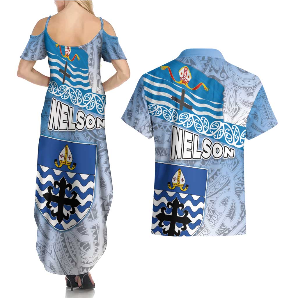 New Zealand Nelson Couples Matching Summer Maxi Dress and Hawaiian Shirt Nelson's Flag and Seal - Maori Art Tattoo