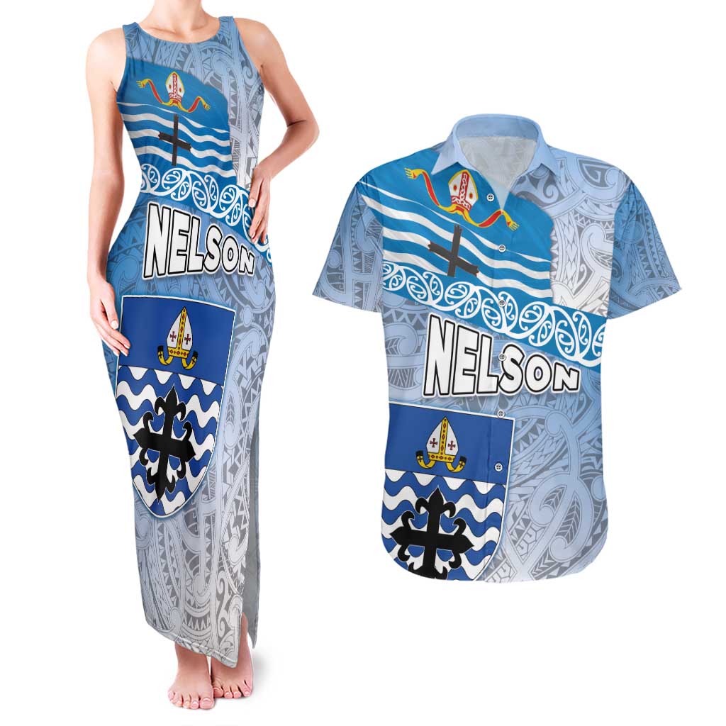 New Zealand Nelson Couples Matching Tank Maxi Dress and Hawaiian Shirt Nelson's Flag and Seal - Maori Art Tattoo