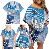 New Zealand Nelson Family Matching Off Shoulder Short Dress and Hawaiian Shirt Nelson's Flag and Seal - Maori Art Tattoo LT03 - Polynesian Pride