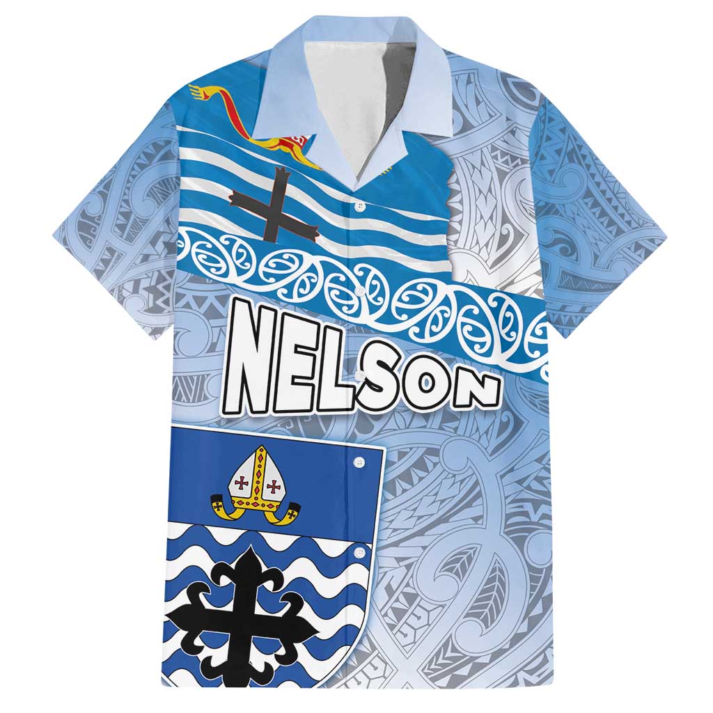 New Zealand Nelson Family Matching Off Shoulder Short Dress and Hawaiian Shirt Nelson's Flag and Seal - Maori Art Tattoo LT03 Dad's Shirt - Short Sleeve White - Polynesian Pride