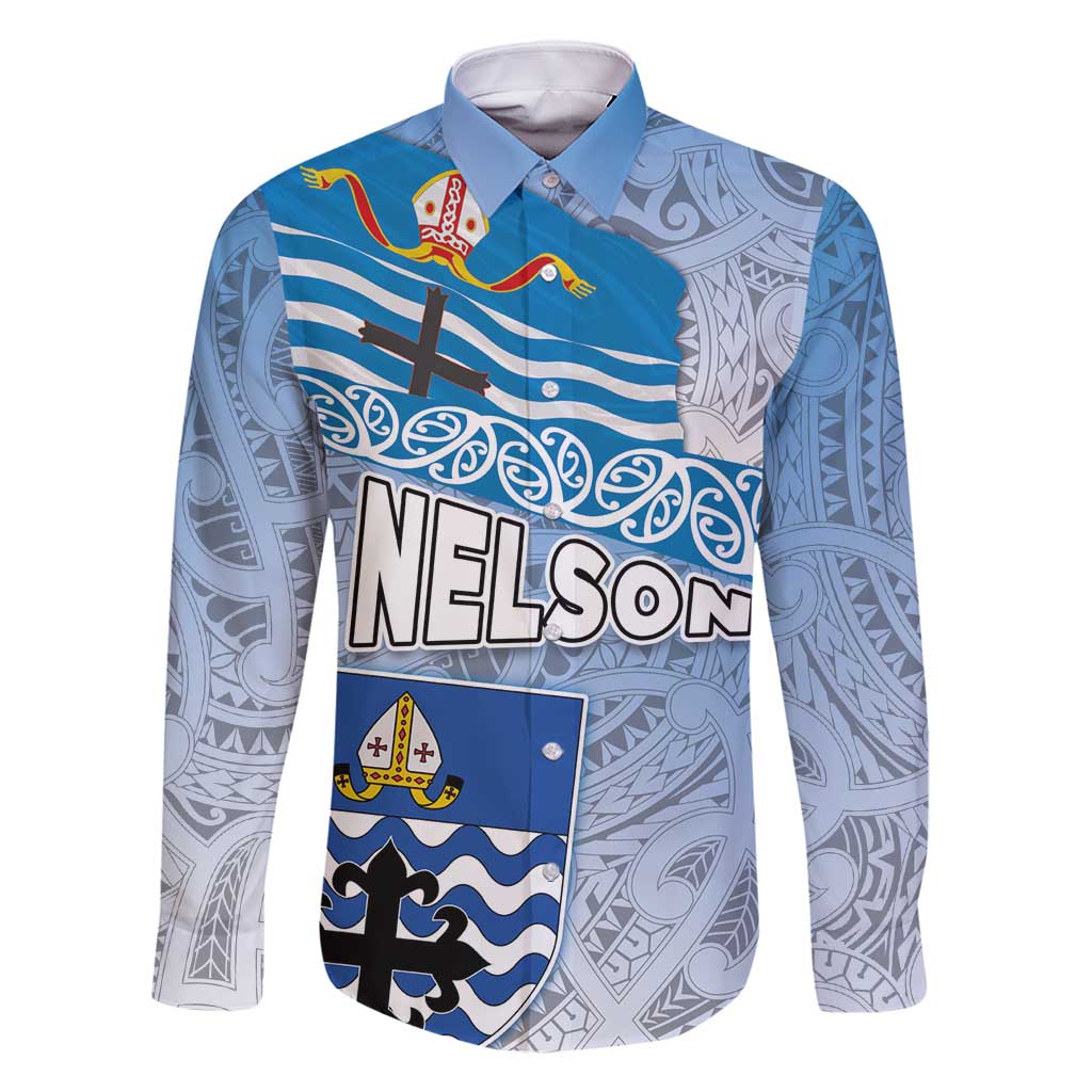 New Zealand Nelson Family Matching Off Shoulder Short Dress and Hawaiian Shirt Nelson's Flag and Seal - Maori Art Tattoo LT03 Dad's Shirt - Long Sleeve White - Polynesian Pride