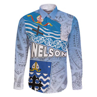 New Zealand Nelson Family Matching Off Shoulder Short Dress and Hawaiian Shirt Nelson's Flag and Seal - Maori Art Tattoo LT03 Dad's Shirt - Long Sleeve White - Polynesian Pride