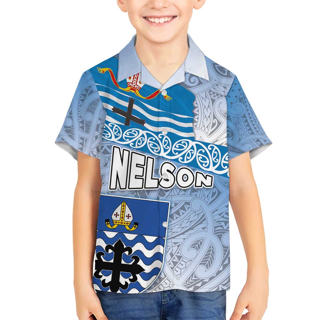 New Zealand Nelson Family Matching Off Shoulder Short Dress and Hawaiian Shirt Nelson's Flag and Seal - Maori Art Tattoo LT03 Son's Shirt White - Polynesian Pride