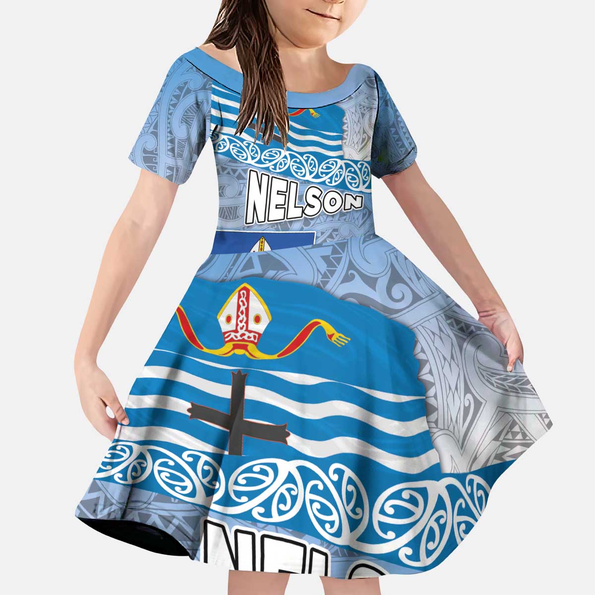 New Zealand Nelson Kid Short Sleeve Dress Nelson's Flag and Seal - Maori Art Tattoo