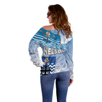 New Zealand Nelson Off Shoulder Sweater Nelson's Flag and Seal - Maori Art Tattoo