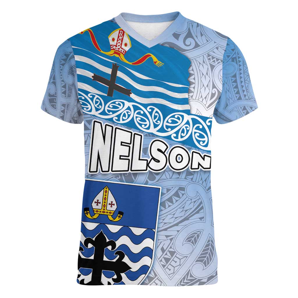 New Zealand Nelson Women V-Neck T-Shirt Nelson's Flag and Seal - Maori Art Tattoo LT03 Female White - Polynesian Pride