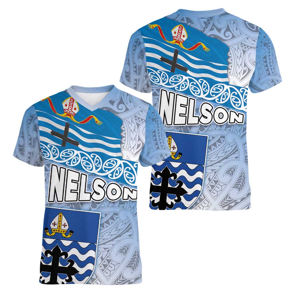 New Zealand Nelson Women V-Neck T-Shirt Nelson's Flag and Seal - Maori Art Tattoo LT03 - Polynesian Pride