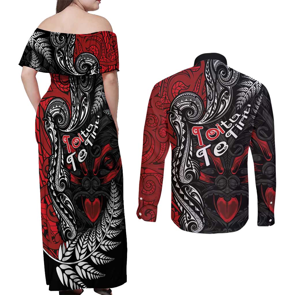 Aotearoa Toitu Te Tiriti Couples Matching Off Shoulder Maxi Dress and Long Sleeve Button Shirt New Zealand Honour the Treaty - Te Tiriti Is Us