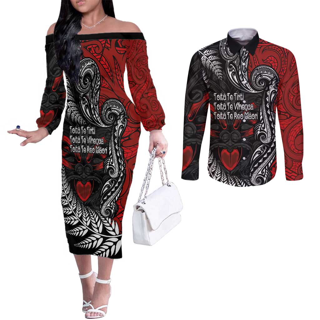 Aotearoa Toitu Te Tiriti Couples Matching Off The Shoulder Long Sleeve Dress and Long Sleeve Button Shirt New Zealand Honour the Treaty - Te Tiriti Is Us