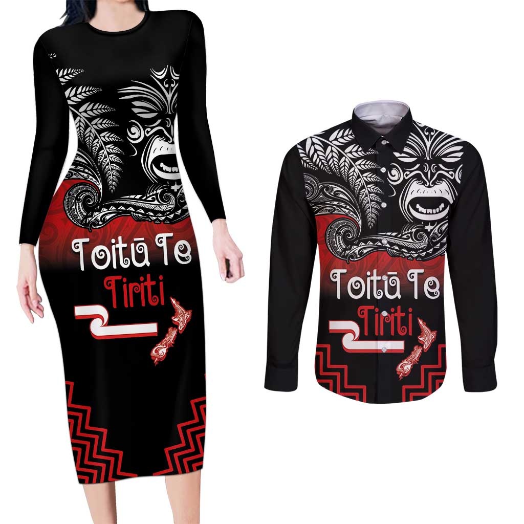 Aotearoa Toitu Te Tiriti Couples Matching Long Sleeve Bodycon Dress and Long Sleeve Button Shirt New Zealand Honour the Treaty - Fight Together