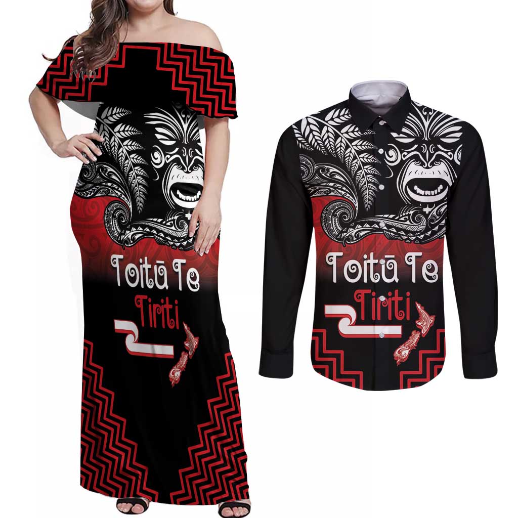 Aotearoa Toitu Te Tiriti Couples Matching Off Shoulder Maxi Dress and Long Sleeve Button Shirt New Zealand Honour the Treaty - Fight Together