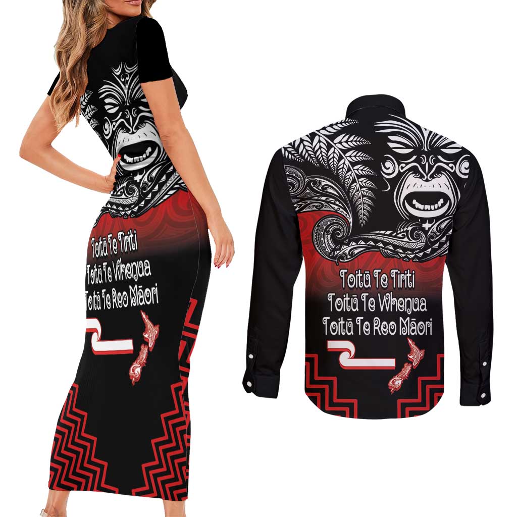 Aotearoa Toitu Te Tiriti Couples Matching Short Sleeve Bodycon Dress and Long Sleeve Button Shirt New Zealand Honour the Treaty - Fight Together