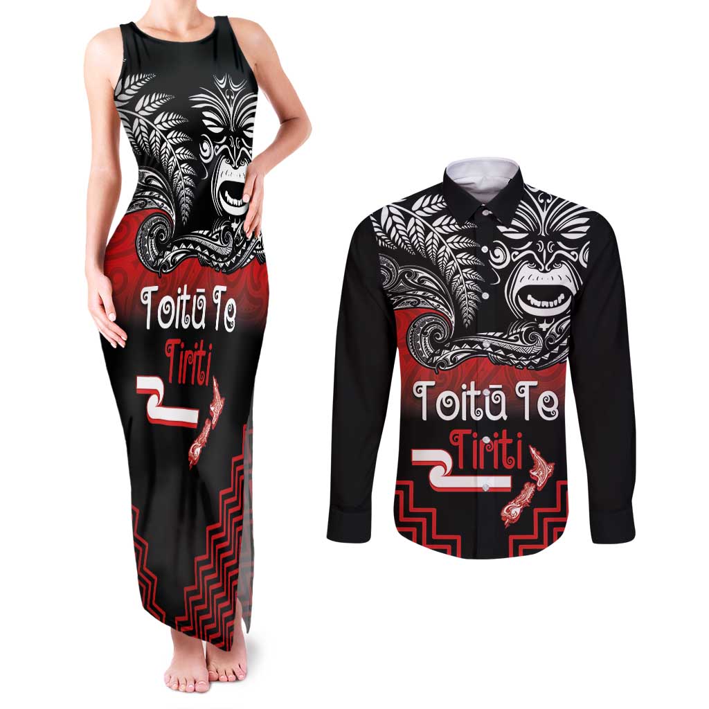 Aotearoa Toitu Te Tiriti Couples Matching Tank Maxi Dress and Long Sleeve Button Shirt New Zealand Honour the Treaty - Fight Together