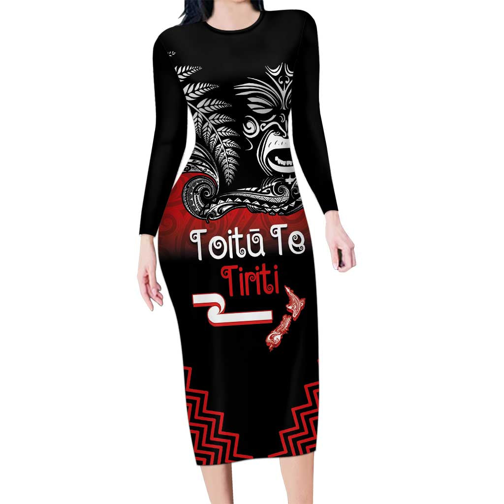 Aotearoa Toitu Te Tiriti Long Sleeve Bodycon Dress New Zealand Honour the Treaty - Fight Together LT03 Long Dress Red - Polynesian Pride
