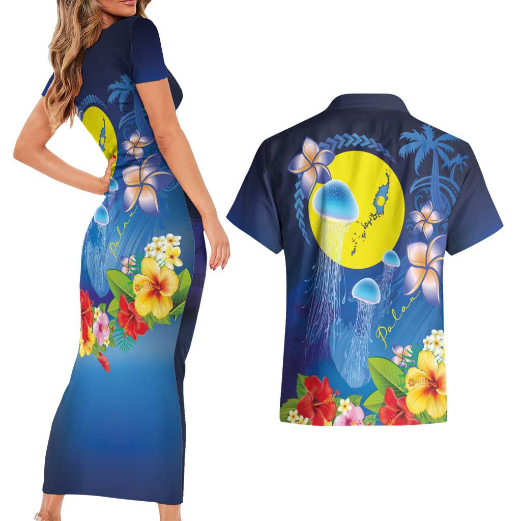 Palau Jellyfish Couples Matching Short Sleeve Bodycon Dress and Hawaiian Shirt Ocean Heritage Tropical Plants - Polynesian Pride