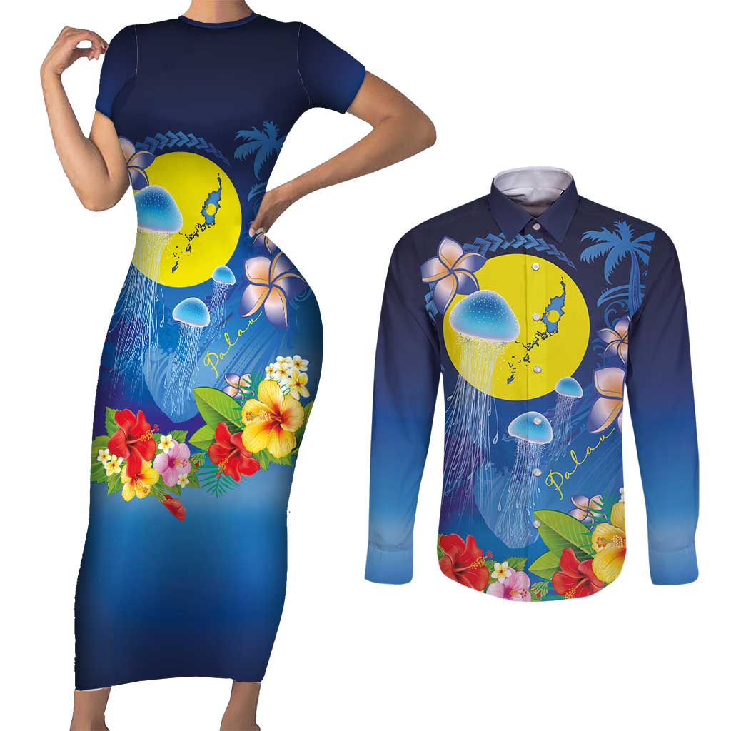 Palau Jellyfish Couples Matching Short Sleeve Bodycon Dress and Long Sleeve Button Shirt Ocean Heritage Tropical Plants - Polynesian Pride
