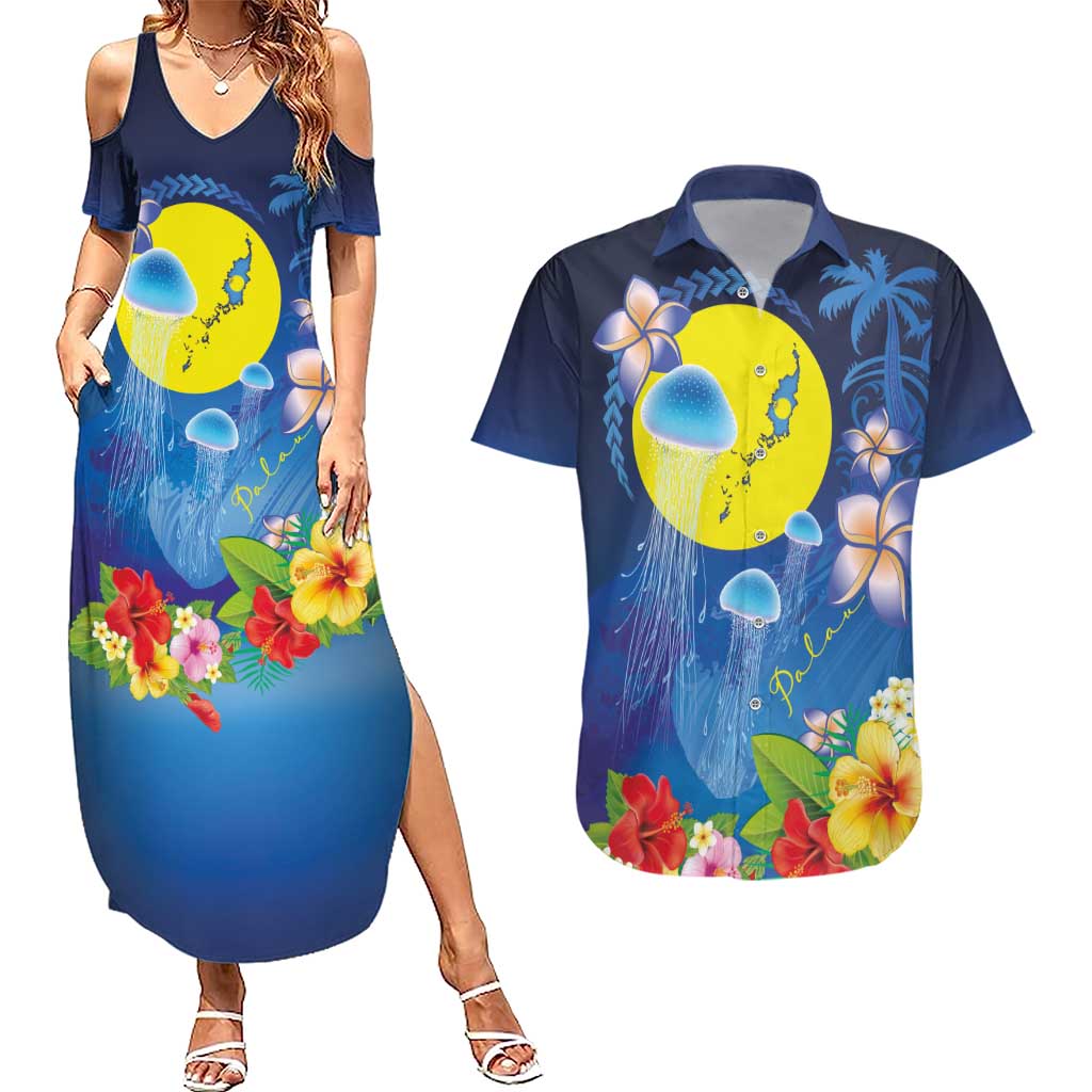Palau Jellyfish Couples Matching Summer Maxi Dress and Hawaiian Shirt Ocean Heritage Tropical Plants - Polynesian Pride