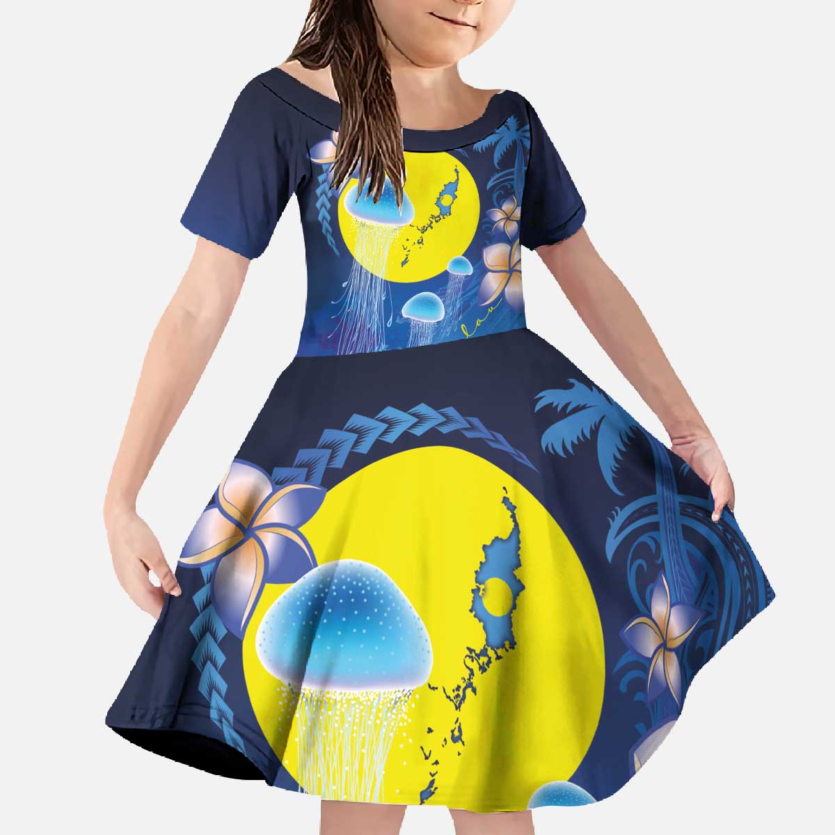 Palau Jellyfish Family Matching Off The Shoulder Long Sleeve Dress and Hawaiian Shirt Ocean Heritage Tropical Plants - Polynesian Pride